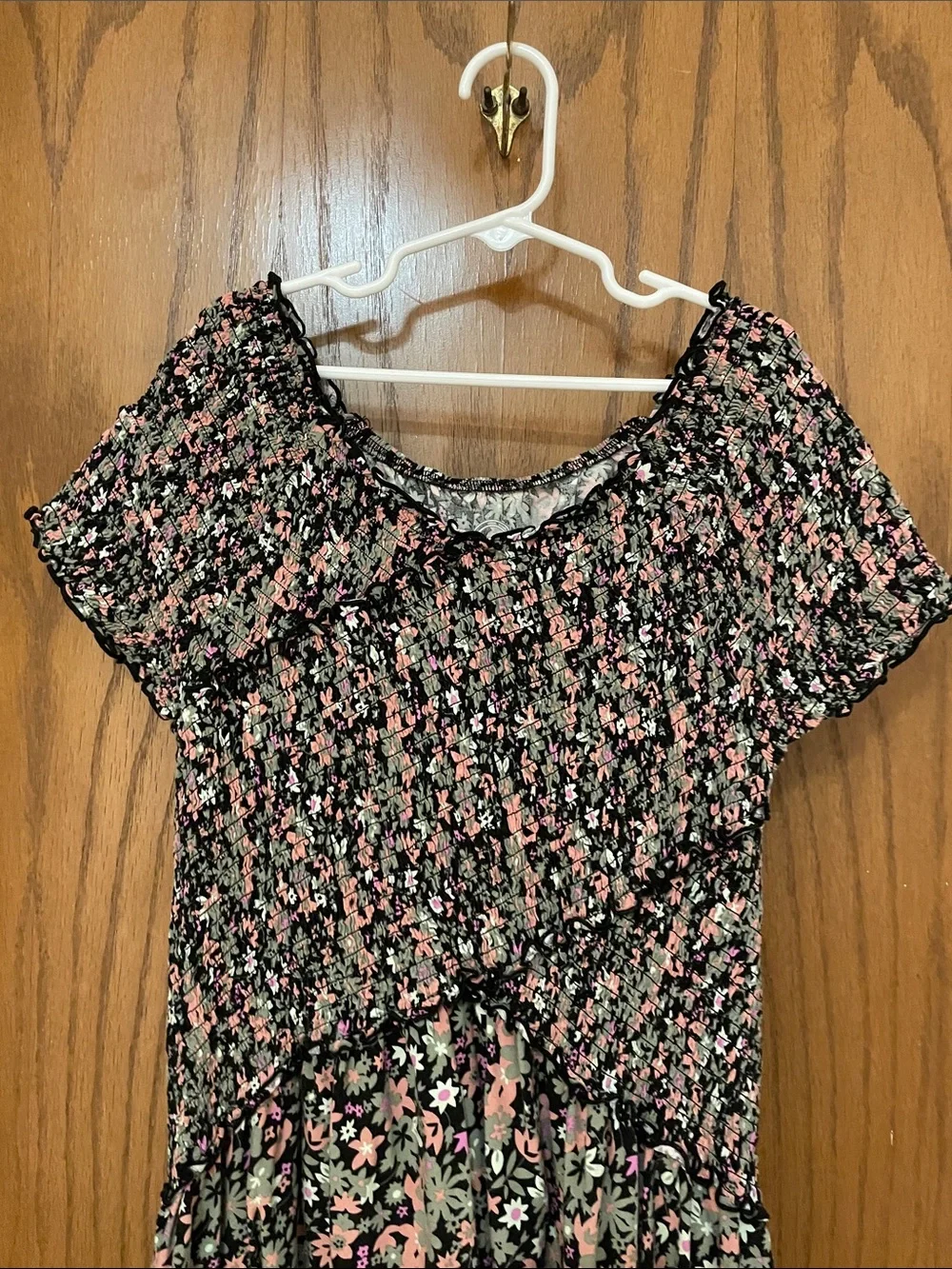 wonder nation Black Floral Smocked Dress with Pink & Green Print
